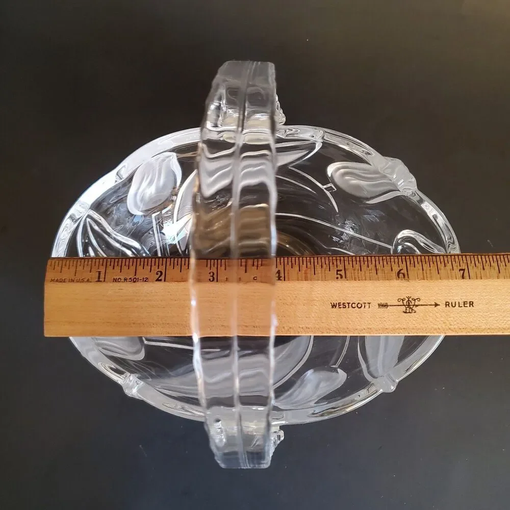 90s Mikasa Nadine Frosted Tulip Elegant Polished Glass Basket Acrylic Handle Vtg